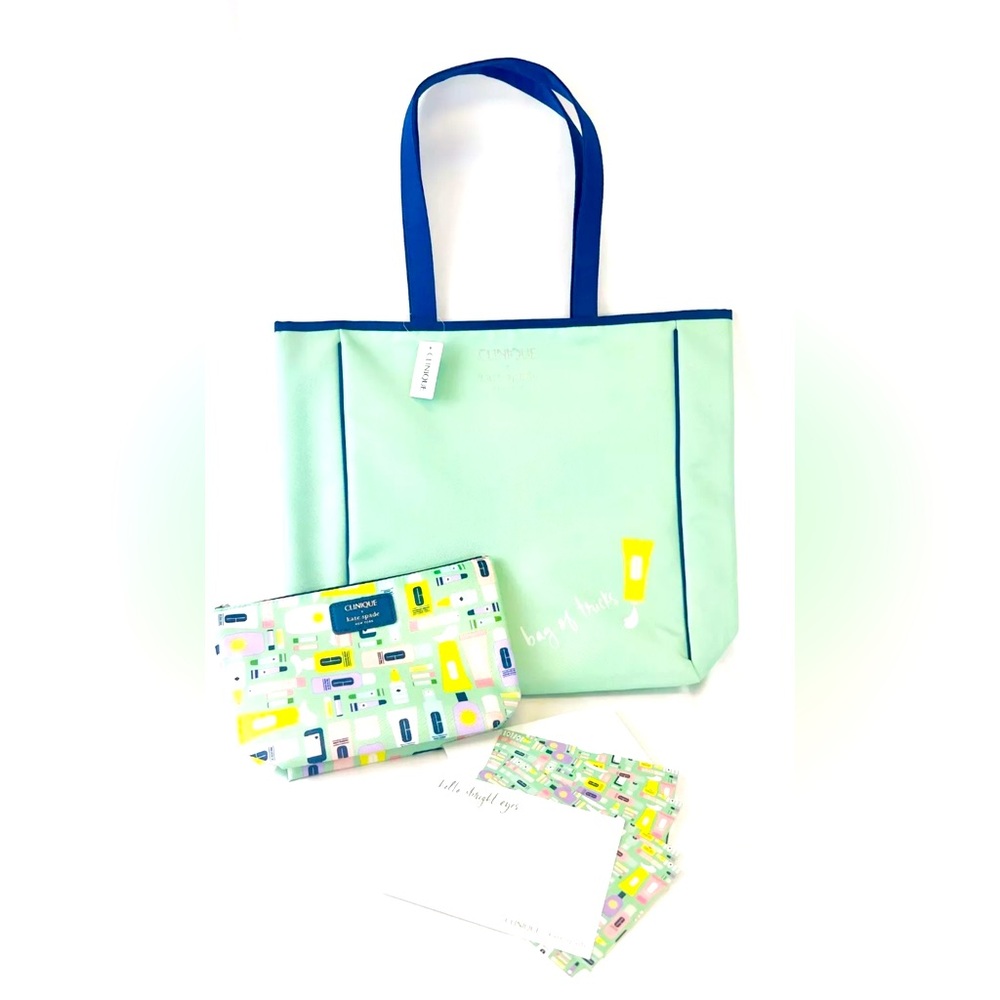 Clinique x Kate Spade Set of Handbags Tote Large Bag Makeup Bag W/Notecards NWT